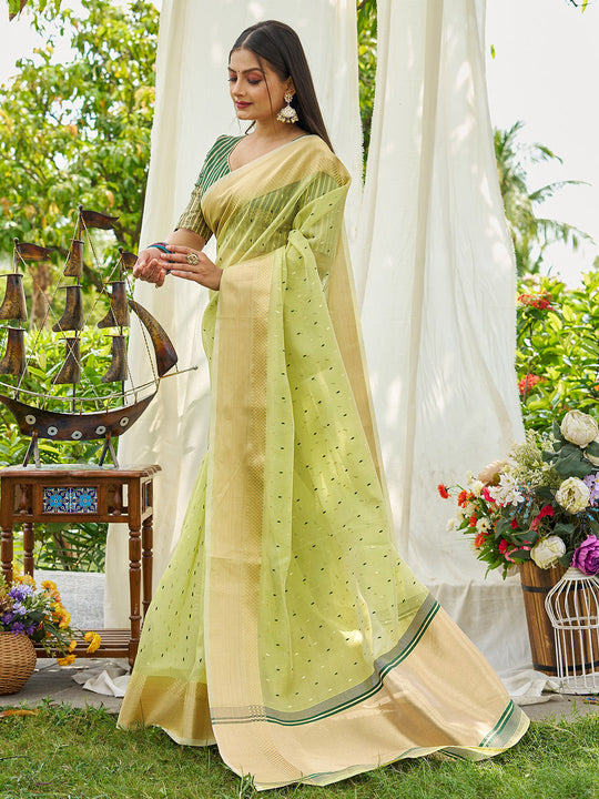 Pista Simmer Silk Saree With Blouse Piece