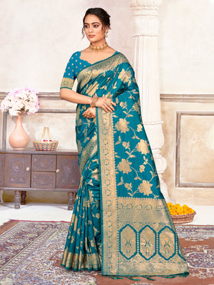 Blue Silk Saree With Blouse Piece
