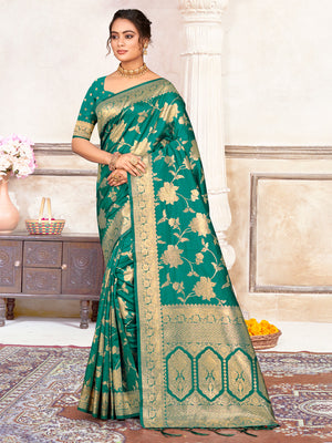 Sea Green Silk Saree With Blouse Piece