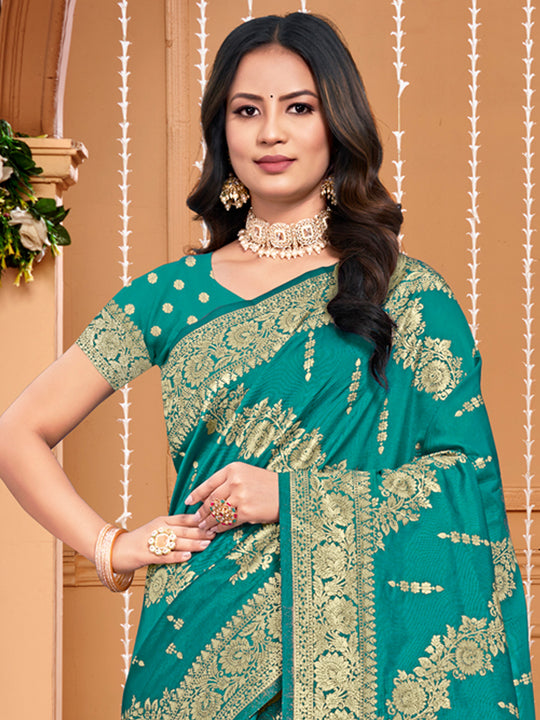 Turquoise Silk Saree With Blouse Piece