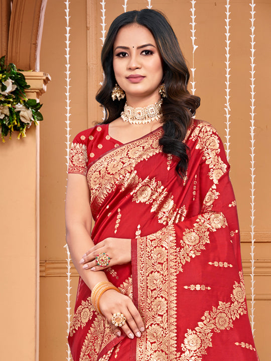Red Silk Saree With Blouse Piece
