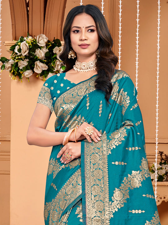 Sea Green Silk Saree With Blouse Piece