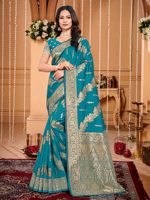 Sea Green Silk Saree With Blouse Piece