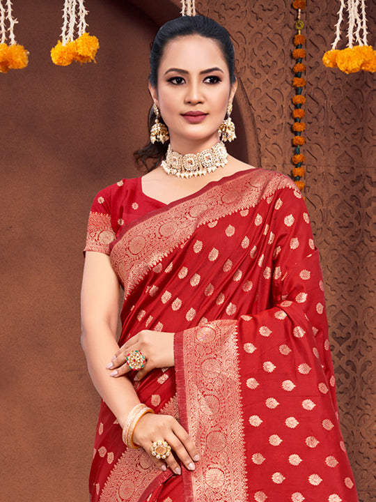 Red Silk Saree With Blouse Piece