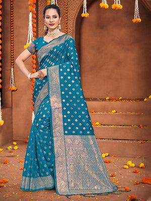 Sea Blue Silk Saree With Blouse Piece