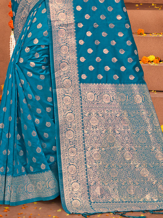 Sea Blue Silk Saree With Blouse Piece