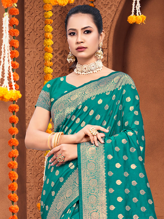 Turquoise Silk Saree With Blouse Piece