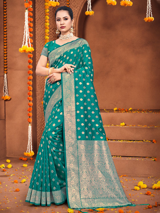 Turquoise Silk Saree With Blouse Piece