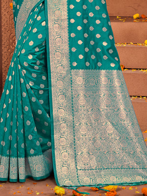 Turquoise Silk Saree With Blouse Piece