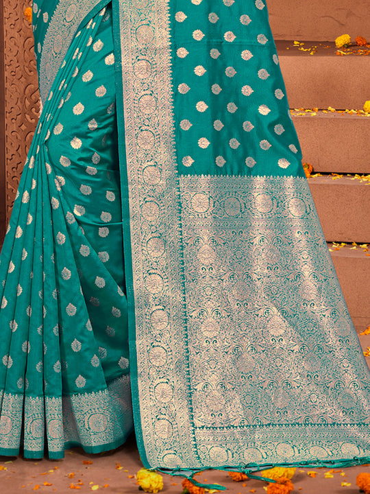 Turquoise Silk Saree With Blouse Piece