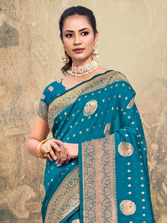 Sea Blue Silk Saree With Blouse Piece