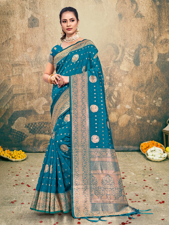 Sea Blue Silk Saree With Blouse Piece