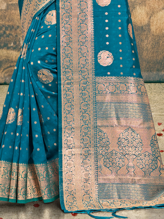 Sea Blue Silk Saree With Blouse Piece