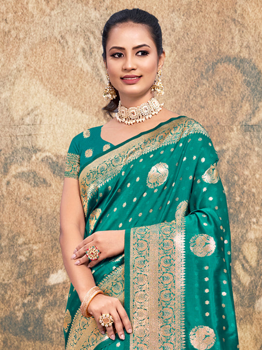 Turquoise Silk Saree With Blouse Piece