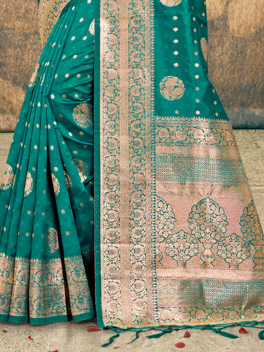 Turquoise Silk Saree With Blouse Piece