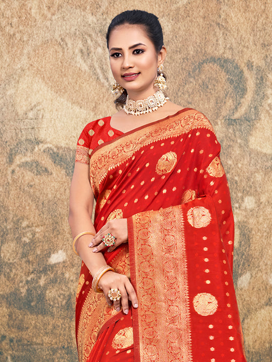 Red Silk Saree With Blouse Piece
