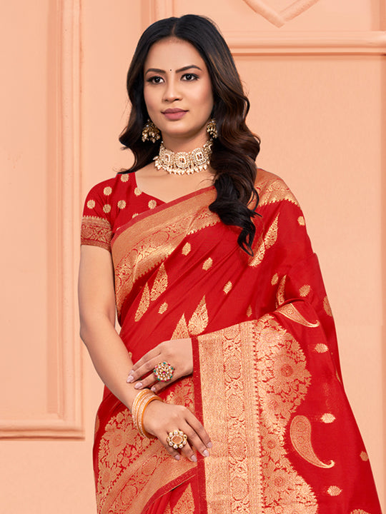 Red Silk Saree With Blouse Piece