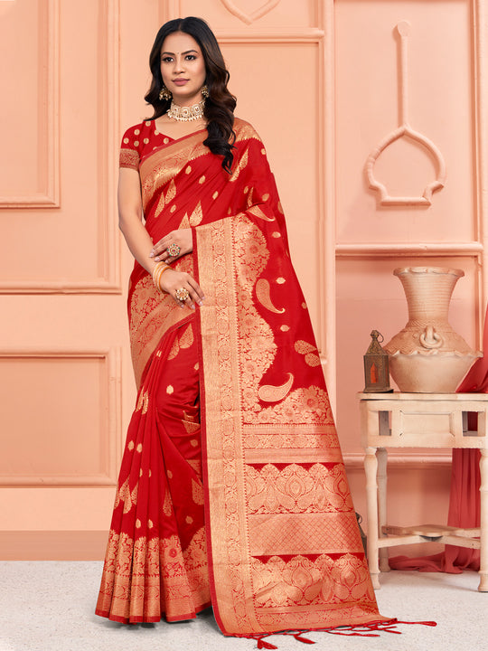 Red Silk Saree With Blouse Piece