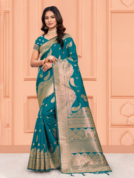 Sea Green Silk Saree With Blouse Piece