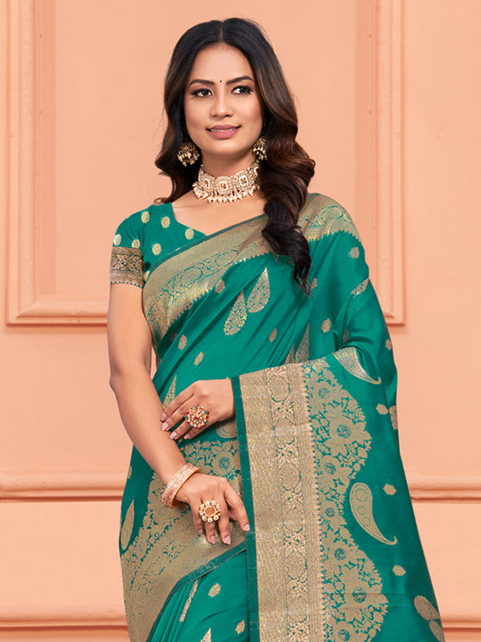 Turquoise Silk Saree With Blouse Piece