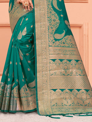 Turquoise Silk Saree With Blouse Piece