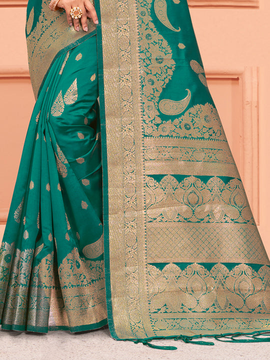 Turquoise Silk Saree With Blouse Piece