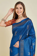 Blue Silk Geometric Woven Design Zari Saree