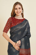 Grey Silk  Paisley Printed Saree