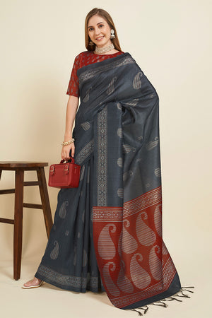 Grey Silk  Paisley Printed Saree