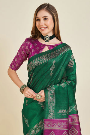 Green Silk  Ethnic Motifs Printed Saree