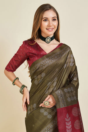 Olive Silk  Geometric Printed Saree