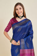 Navy Blue Silk  Ethnic Motifs Woven Design Saree