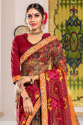 Womens Cotton Maroon Saree With Blouse Piece