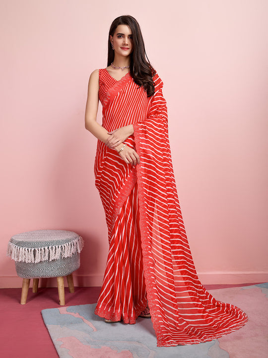 Red Chiffon Festive Saree With Blouse Piece