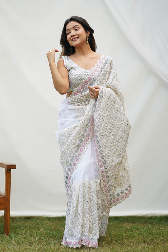 White Organza Saree with White Blouse Piece