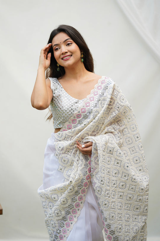 White Organza Saree with White Blouse Piece