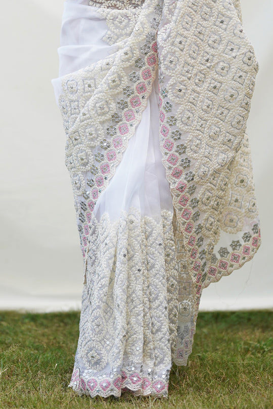 White Organza Saree with White Blouse Piece