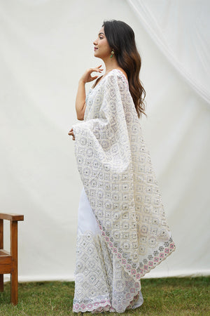 White Organza Saree with White Blouse Piece