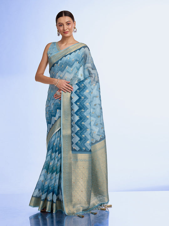 Blue Cotton Blend Saree With Blouse Piece