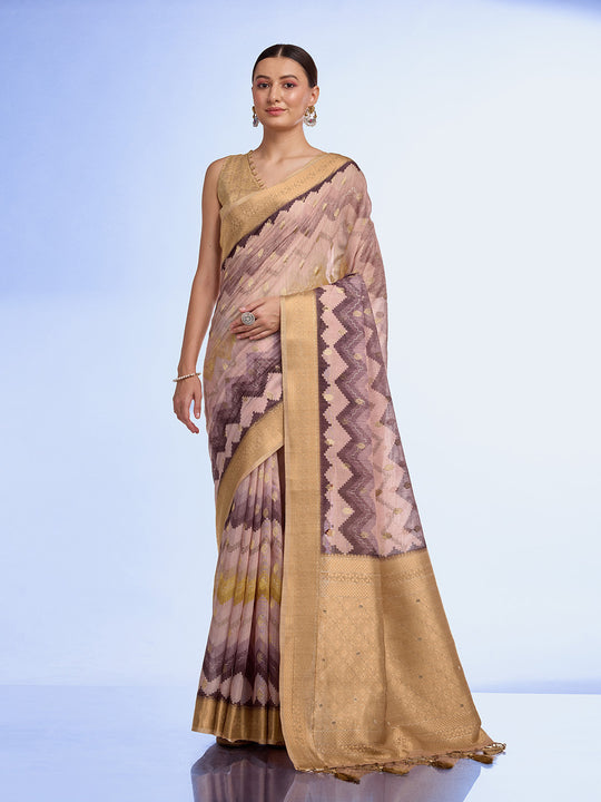 Cream Cotton Blend Saree With Blouse Piece