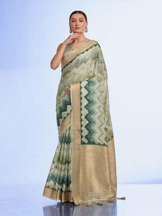 Green Cotton Blend Saree With Blouse Piece