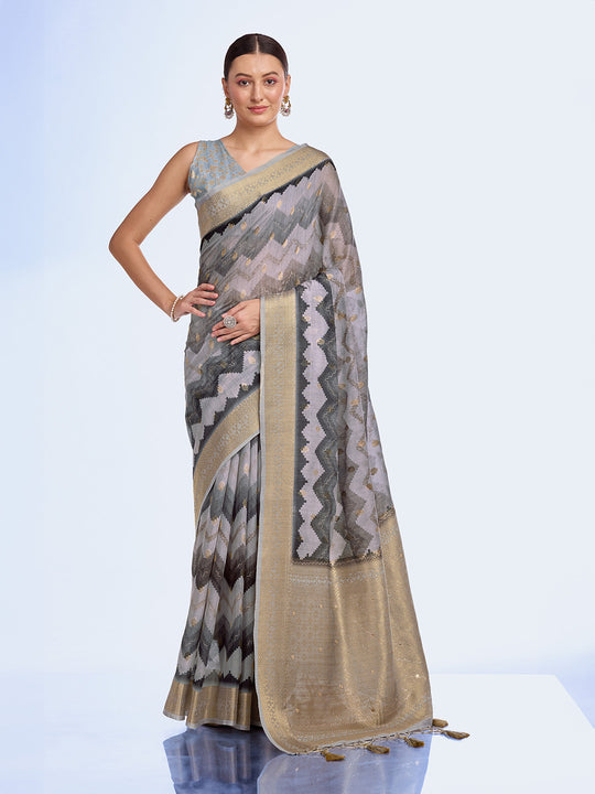 Grey Cotton Blend Saree With Blouse Piece