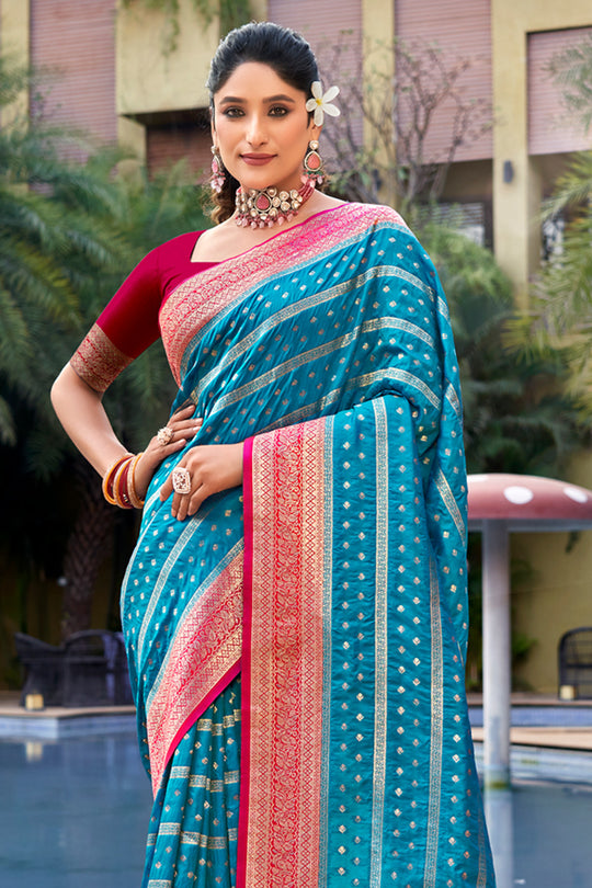 Sky Blue Banarasi Silk Saree With Blouse Piece