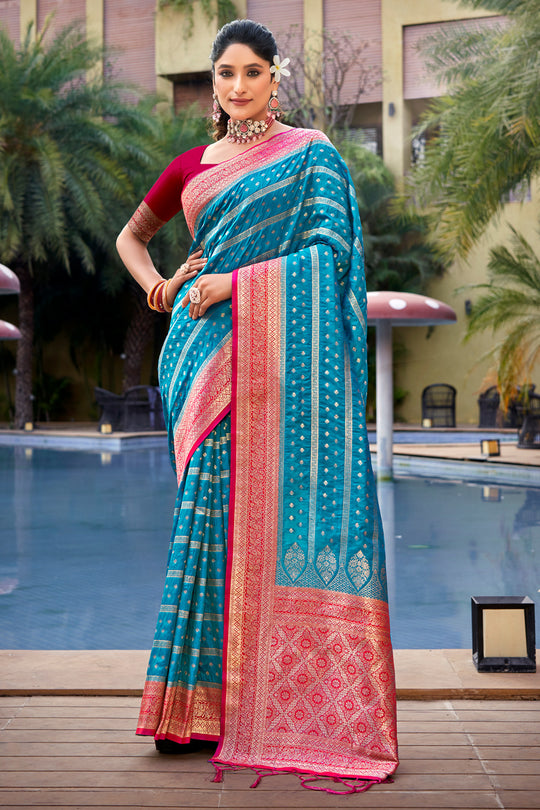 Sky Blue Banarasi Silk Saree With Blouse Piece