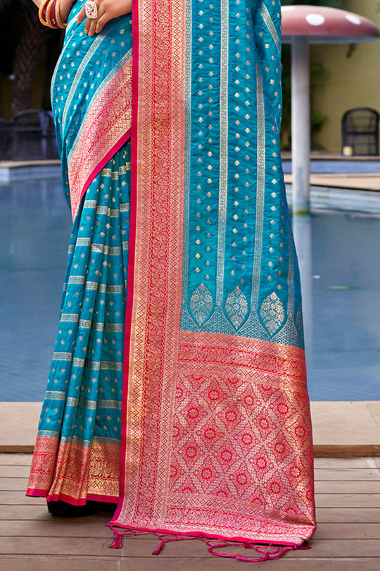 Sky Blue Banarasi Silk Saree With Blouse Piece