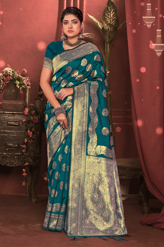 Sea Green Zari Woven Banarasi Silk Saree With Blouse Piece