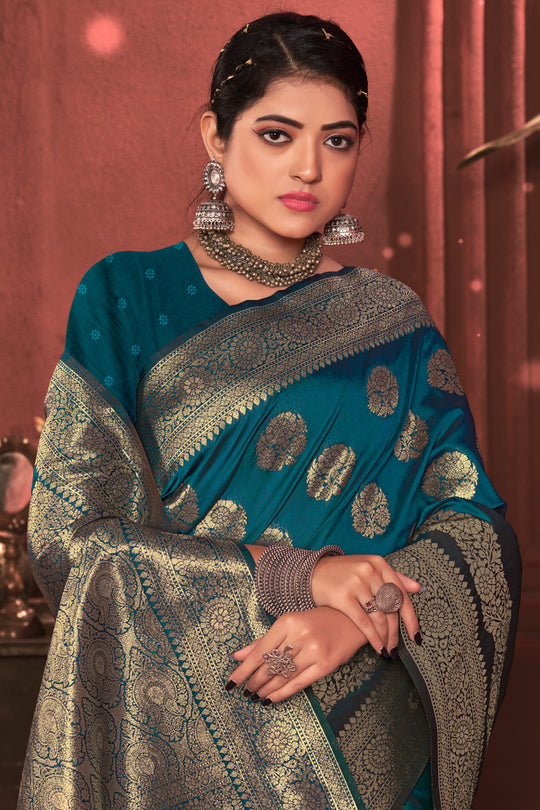 Sea Green Zari Woven Banarasi Silk Saree With Blouse Piece