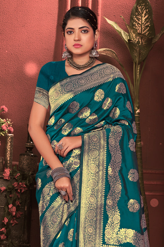 Sea Green Zari Woven Banarasi Silk Saree With Blouse Piece