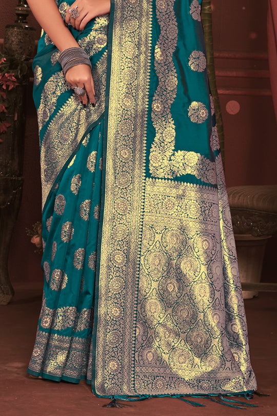 Sea Green Zari Woven Banarasi Silk Saree With Blouse Piece