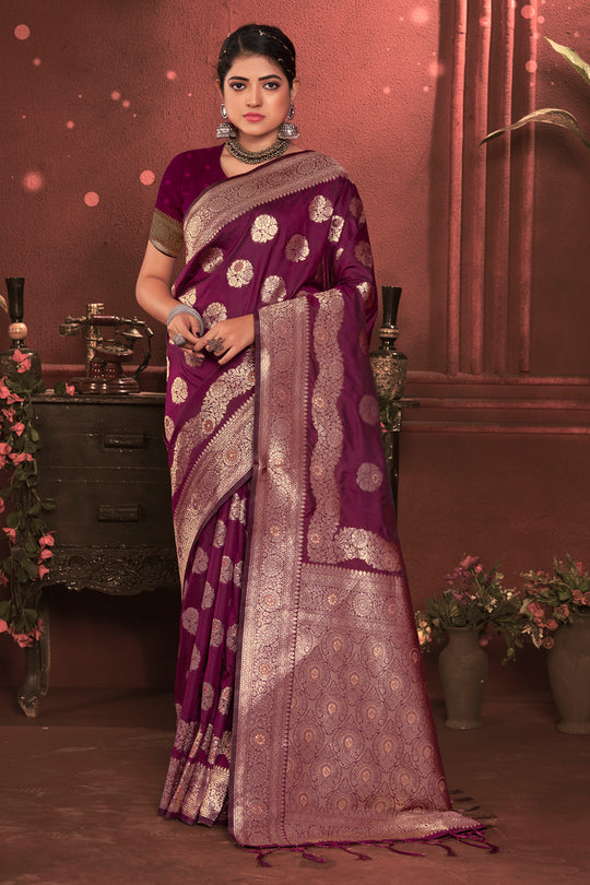 Purple Zari Woven Banarasi Silk Saree With Blouse Piece